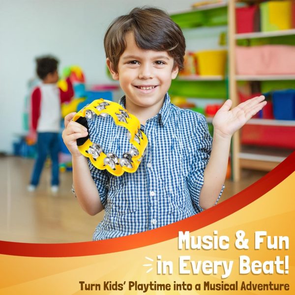 Flexzion Flower Tambourine - 8 Inch Handheld Percussion Instrument w/ Metal Jingles & Ergonomic Grip - Small Tambourines for Adults, Kids, Church, Parties, & Musical Events (2 Pack - Red & Yellow) - Image 3