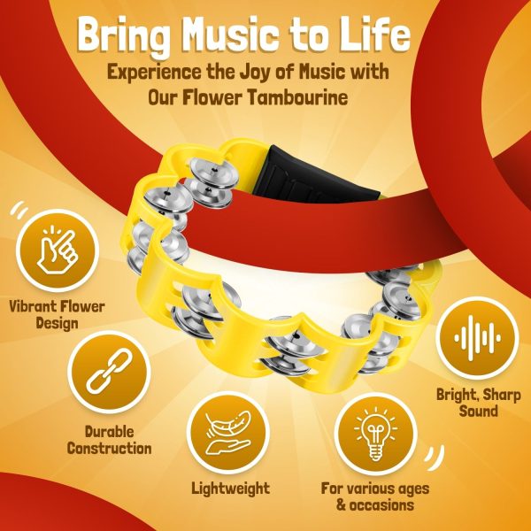 Flexzion Flower Tambourine - 8 Inch Handheld Percussion Instrument w/ Metal Jingles & Ergonomic Grip - Small Tambourines for Adults, Kids, Church, Parties, & Musical Events (2 Pack - Red & Yellow) - Image 5