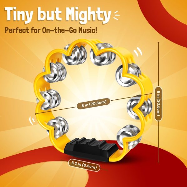 Flexzion Flower Tambourine - 8 Inch Handheld Percussion Instrument w/ Metal Jingles & Ergonomic Grip - Small Tambourines for Adults, Kids, Church, Parties, & Musical Events (2 Pack - Red & Yellow) - Image 7