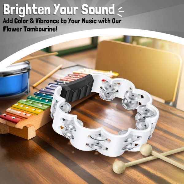 Flexzion Flower Tambourine - 8 Inch Handheld Percussion Instrument w/ Metal Jingles & Ergonomic Grip - Small Tambourines for Adults, Kids, Church, Parties, & Musical Events (White) - Image 2