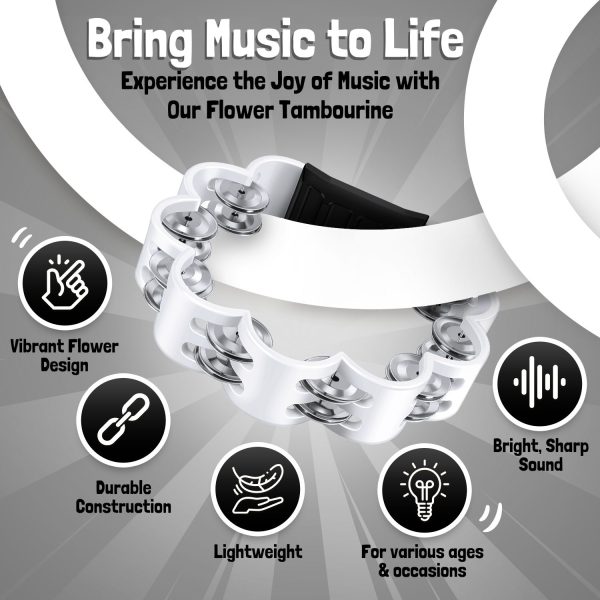 Flexzion Flower Tambourine - 8 Inch Handheld Percussion Instrument w/ Metal Jingles & Ergonomic Grip - Small Tambourines for Adults, Kids, Church, Parties, & Musical Events (White) - Image 5