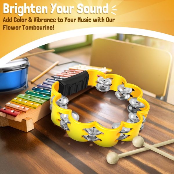 Flexzion Flower Tambourine - 8 Inch Handheld Percussion Instrument w/ Metal Jingles & Ergonomic Grip - Small Tambourines for Adults, Kids, Church, Parties, & Musical Events (Yellow) - Image 2