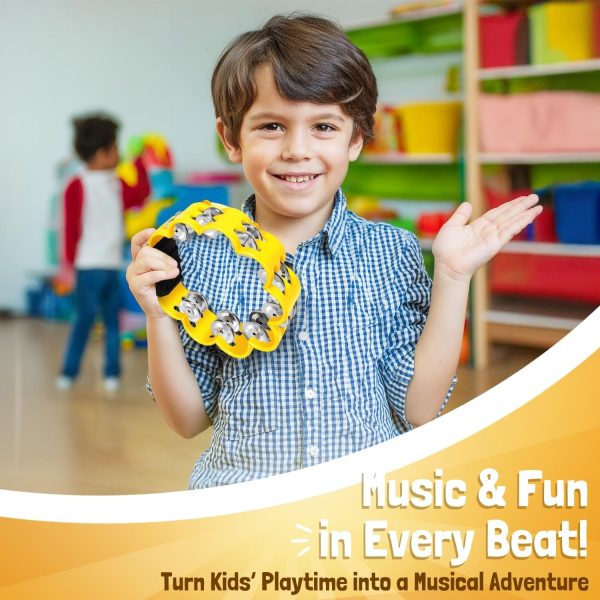 Flexzion Flower Tambourine - 8 Inch Handheld Percussion Instrument w/ Metal Jingles & Ergonomic Grip - Small Tambourines for Adults, Kids, Church, Parties, & Musical Events (Yellow) - Image 3