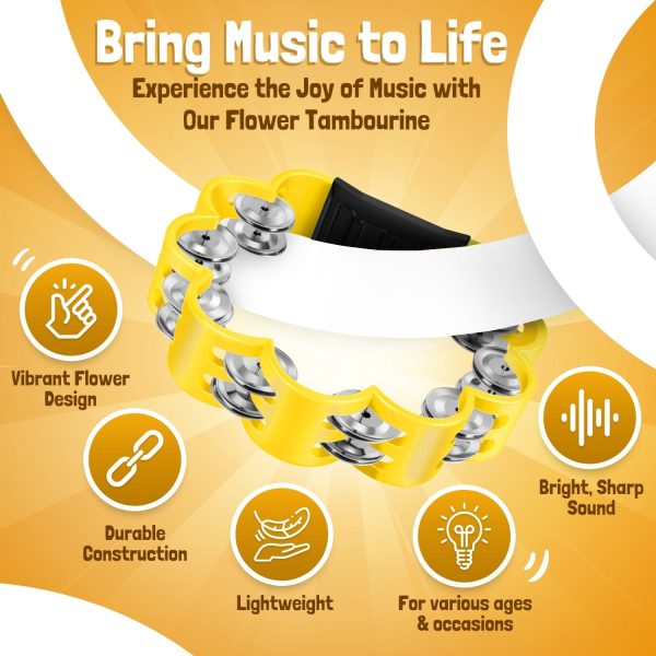 Flexzion Flower Tambourine - 8 Inch Handheld Percussion Instrument w/ Metal Jingles & Ergonomic Grip - Small Tambourines for Adults, Kids, Church, Parties, & Musical Events (Yellow) - Image 5