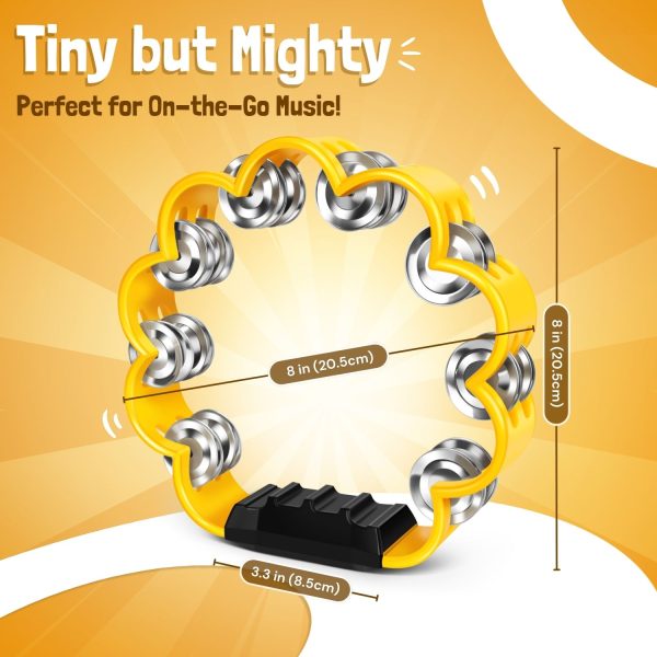 Flexzion Flower Tambourine - 8 Inch Handheld Percussion Instrument w/ Metal Jingles & Ergonomic Grip - Small Tambourines for Adults, Kids, Church, Parties, & Musical Events (Yellow) - Image 7