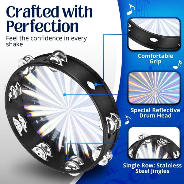 Flexzion Wood Church Tambourine Instrument - 8 Inch Reflective Hand Drums Tambourine for Kids and Adults, Single Row Metal Tambourine for Church, Parties, & Musical Events - Image 5