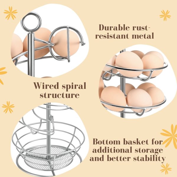 Flexzion Spiral Egg Rack for Fresh Eggs - Sturdy Silver Metal Egg Skelter Countertop Egg Holder with Bottom Basket and 360-Degree Rotatable Middle Pole Up to 36-Egg Capacity, Egg Storage Rack Solution - Image 2