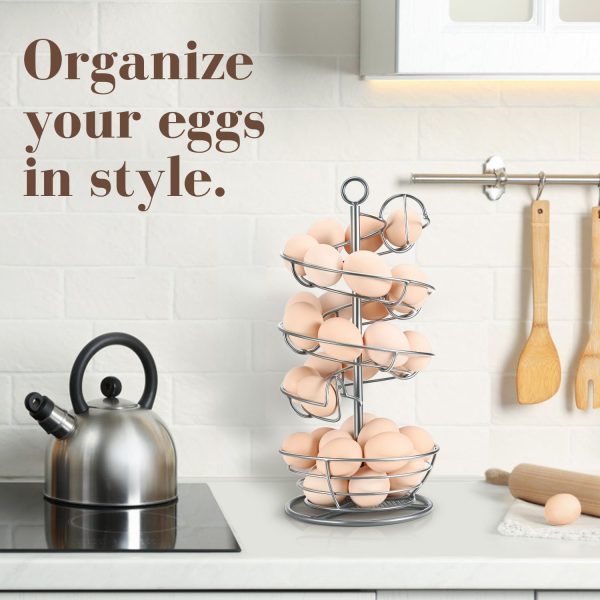 Flexzion Spiral Egg Rack for Fresh Eggs - Sturdy Silver Metal Egg Skelter Countertop Egg Holder with Bottom Basket and 360-Degree Rotatable Middle Pole Up to 36-Egg Capacity, Egg Storage Rack Solution - Image 5