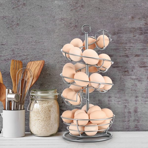 Flexzion Spiral Egg Rack for Fresh Eggs - Sturdy Silver Metal Egg Skelter Countertop Egg Holder with Bottom Basket and 360-Degree Rotatable Middle Pole Up to 36-Egg Capacity, Egg Storage Rack Solution - Image 6