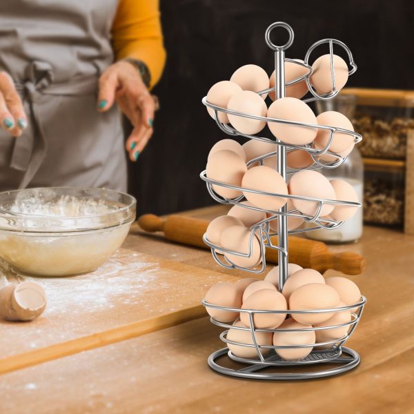 Flexzion Spiral Egg Rack for Fresh Eggs - Sturdy Silver Metal Egg Skelter Countertop Egg Holder with Bottom Basket and 360-Degree Rotatable Middle Pole Up to 36-Egg Capacity, Egg Storage Rack Solution - Image 7