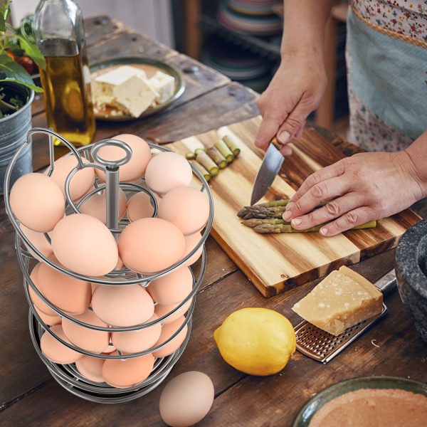 Flexzion Spiral Egg Rack for Fresh Eggs - Sturdy Silver Metal Egg Skelter Countertop Egg Holder with Bottom Basket and 360-Degree Rotatable Middle Pole Up to 36-Egg Capacity, Egg Storage Rack Solution - Image 8