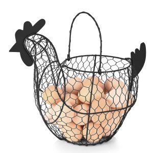 Flexzion Chicken Egg Basket for Collecting Eggs, Small Wire Egg Collecting Basket with Handle for Eggs, Fruits, Vegetables, Farmhouse Rustic Style Chicken Basket Decor for Kitchen Countertop, Brown