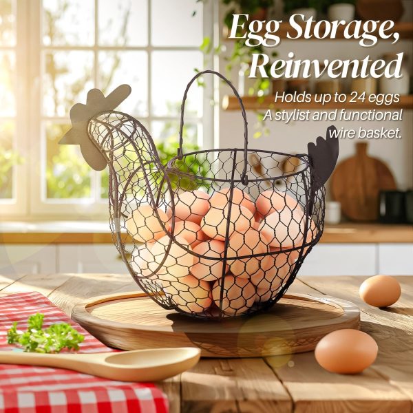 Flexzion Chicken Egg Basket for Collecting Eggs, Small Wire Egg Collecting Basket with Handle for Eggs, Fruits, Vegetables, Farmhouse Rustic Style Chicken Basket Decor for Kitchen Countertop, Brown - Image 2