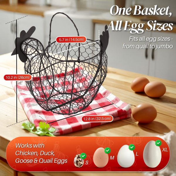 Flexzion Chicken Egg Basket for Collecting Eggs, Small Wire Egg Collecting Basket with Handle for Eggs, Fruits, Vegetables, Farmhouse Rustic Style Chicken Basket Decor for Kitchen Countertop, Brown - Image 6