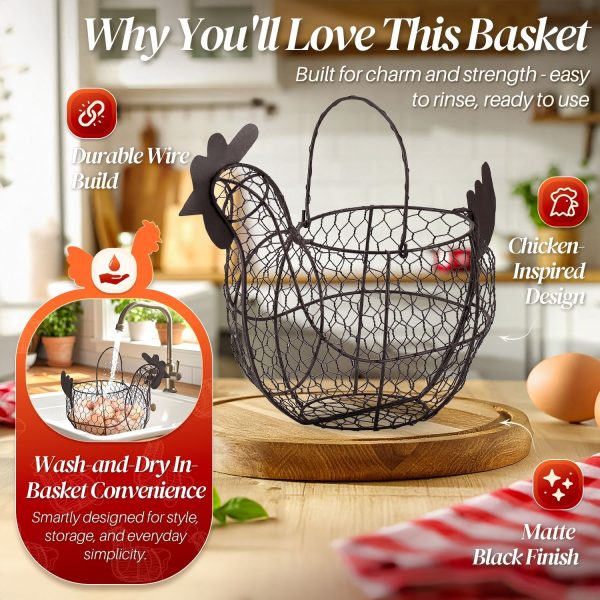 Flexzion Chicken Egg Basket for Collecting Eggs, Small Wire Egg Collecting Basket with Handle for Eggs, Fruits, Vegetables, Farmhouse Rustic Style Chicken Basket Decor for Kitchen Countertop, Brown - Image 8