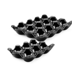 Flexzion 12 + 6 Cups Ceramic Egg Holder for Fridge - 18 Porcelain Egg Tray Container Keeper Storage Organizer Decorative Serving Stand Serveware for Refrigerator Countertop Display Kitchen (Black)