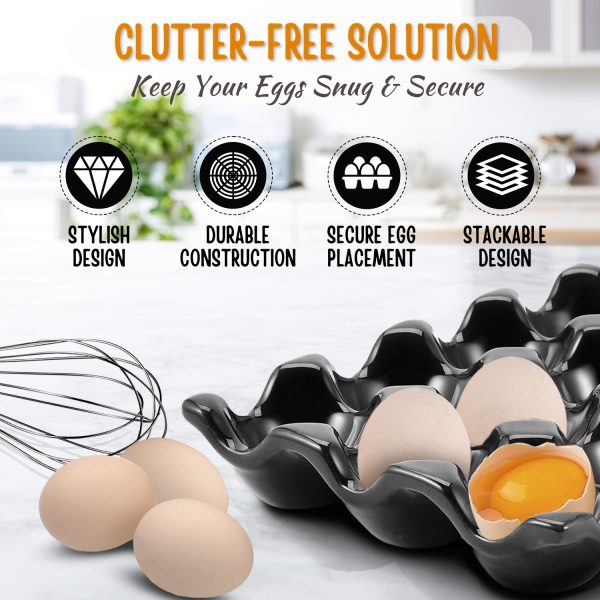 Flexzion 12 + 6 Cups Ceramic Egg Holder for Fridge - 18 Porcelain Egg Tray Container Keeper Storage Organizer Decorative Serving Stand Serveware for Refrigerator Countertop Display Kitchen (Black) - Image 4