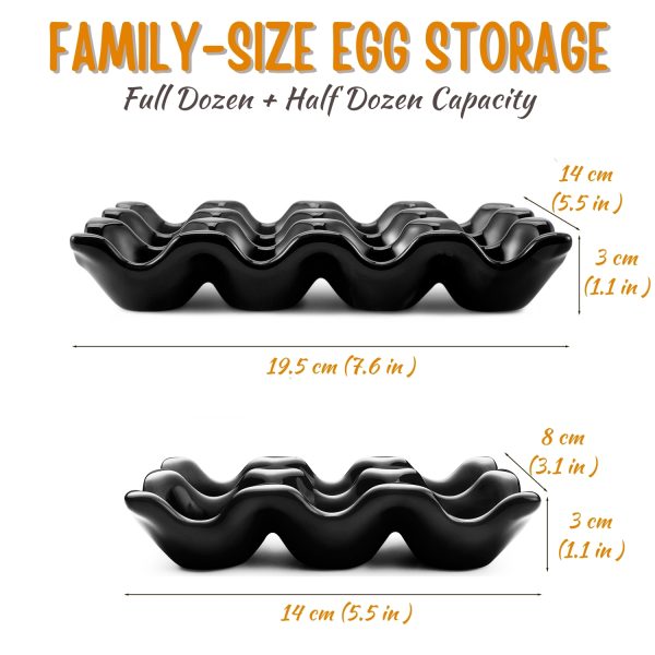Flexzion 12 + 6 Cups Ceramic Egg Holder for Fridge - 18 Porcelain Egg Tray Container Keeper Storage Organizer Decorative Serving Stand Serveware for Refrigerator Countertop Display Kitchen (Black) - Image 7