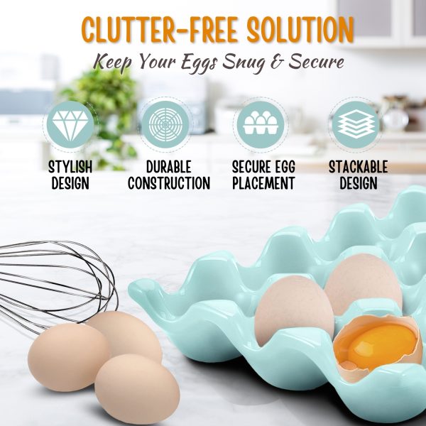 Flexzion 12 + 6 Cups Ceramic Egg Holder for Fridge - 18 Porcelain Egg Tray Container Keeper Storage Organizer Decorative Serving Stand Serveware for Refrigerator Countertop Display Kitchen (Blue) - Image 4