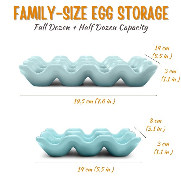 Flexzion 12 + 6 Cups Ceramic Egg Holder for Fridge - 18 Porcelain Egg Tray Container Keeper Storage Organizer Decorative Serving Stand Serveware for Refrigerator Countertop Display Kitchen (Blue) - Image 7
