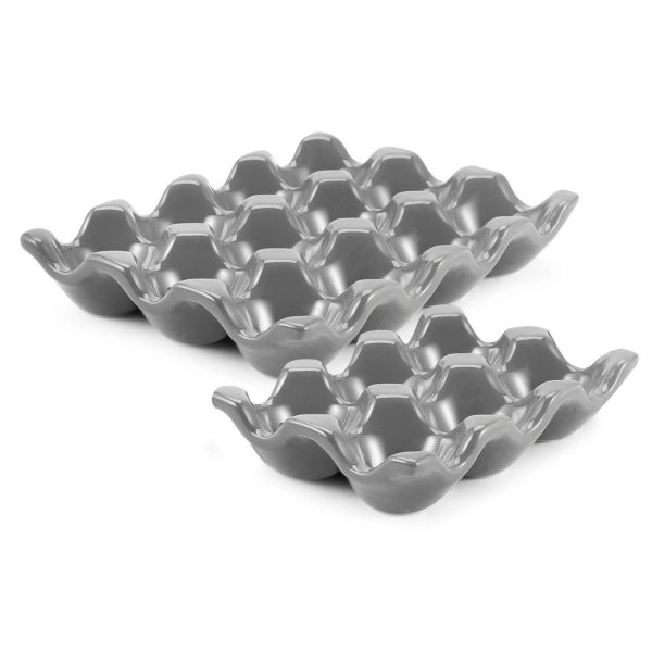 Flexzion 12 + 6 Cups Ceramic Egg Holder for Fridge - 18 Porcelain Egg Tray Container Keeper Storage Organizer Decorative Serving Stand Serveware for Refrigerator Countertop Display Kitchen (Gray)