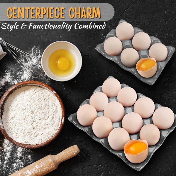 Flexzion 12 + 6 Cups Ceramic Egg Holder for Fridge - 18 Porcelain Egg Tray Container Keeper Storage Organizer Decorative Serving Stand Serveware for Refrigerator Countertop Display Kitchen (Gray) - Image 3