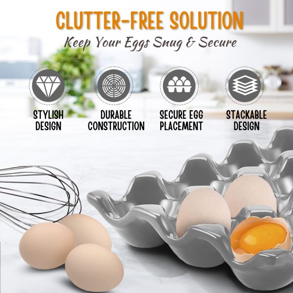 Flexzion 12 + 6 Cups Ceramic Egg Holder for Fridge - 18 Porcelain Egg Tray Container Keeper Storage Organizer Decorative Serving Stand Serveware for Refrigerator Countertop Display Kitchen (Gray) - Image 4