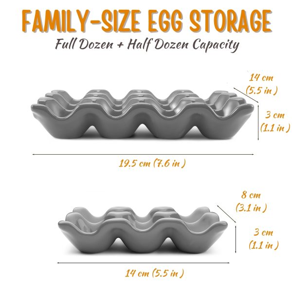 Flexzion 12 + 6 Cups Ceramic Egg Holder for Fridge - 18 Porcelain Egg Tray Container Keeper Storage Organizer Decorative Serving Stand Serveware for Refrigerator Countertop Display Kitchen (Gray) - Image 7