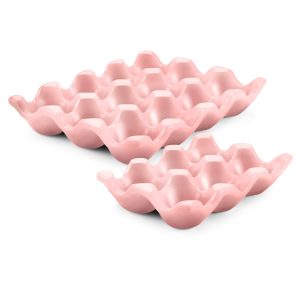 Flexzion 12 + 6 Cups Ceramic Egg Holder for Fridge - 18 Porcelain Egg Tray Container Keeper Storage Organizer Decorative Serving Stand Serveware for Refrigerator Countertop Display Kitchen (Pink)