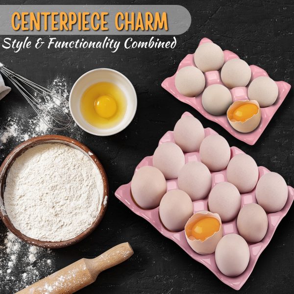 Flexzion 12 + 6 Cups Ceramic Egg Holder for Fridge - 18 Porcelain Egg Tray Container Keeper Storage Organizer Decorative Serving Stand Serveware for Refrigerator Countertop Display Kitchen (Pink) - Image 3