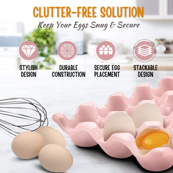 Flexzion 12 + 6 Cups Ceramic Egg Holder for Fridge - 18 Porcelain Egg Tray Container Keeper Storage Organizer Decorative Serving Stand Serveware for Refrigerator Countertop Display Kitchen (Pink) - Image 4