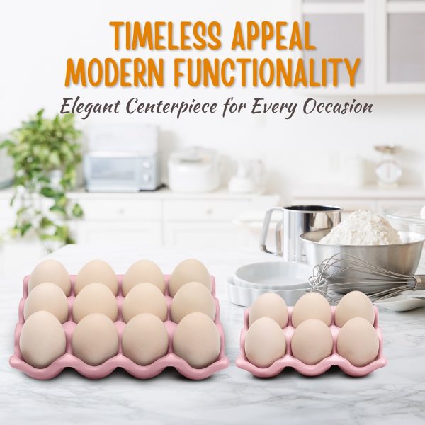 Flexzion 12 + 6 Cups Ceramic Egg Holder for Fridge - 18 Porcelain Egg Tray Container Keeper Storage Organizer Decorative Serving Stand Serveware for Refrigerator Countertop Display Kitchen (Pink) - Image 5