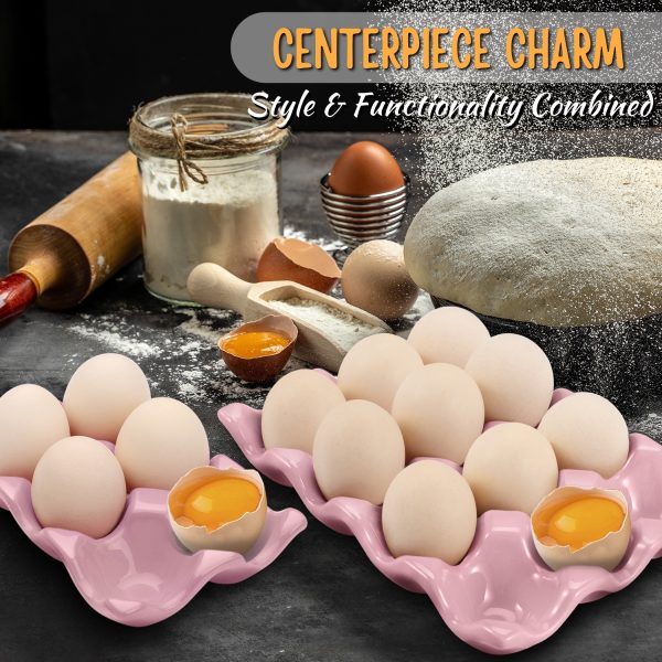 Flexzion 12 + 6 Cups Ceramic Egg Holder for Fridge - 18 Porcelain Egg Tray Container Keeper Storage Organizer Decorative Serving Stand Serveware for Refrigerator Countertop Display Kitchen (Pink) - Image 6