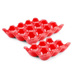 Flexzion 12 + 6 Cups Ceramic Egg Holder for Fridge - 18 Porcelain Egg Tray Container Keeper Storage Organizer Decorative Serving Stand Serveware for Refrigerator Countertop Display Kitchen (Red)