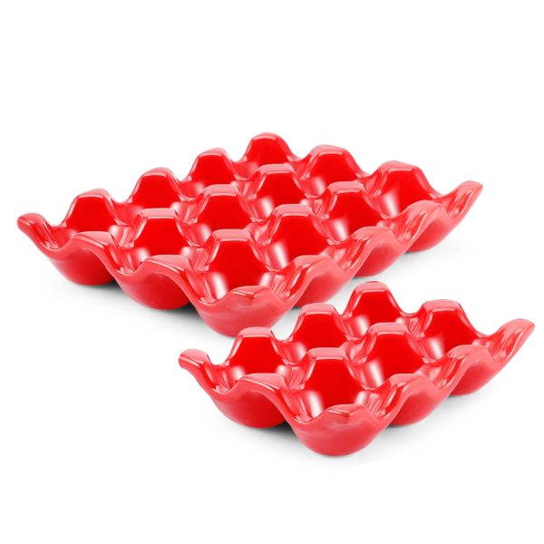 Flexzion 12 + 6 Cups Ceramic Egg Holder for Fridge - 18 Porcelain Egg Tray Container Keeper Storage Organizer Decorative Serving Stand Serveware for Refrigerator Countertop Display Kitchen (Red)