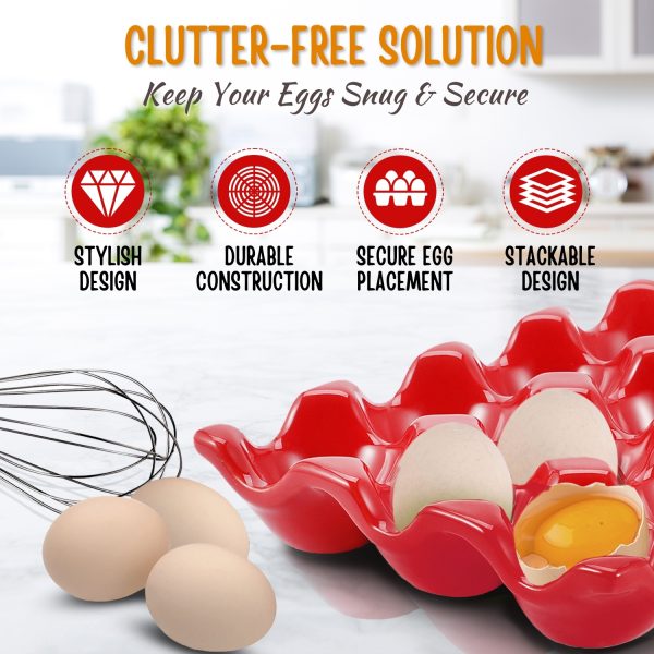 Flexzion 12 + 6 Cups Ceramic Egg Holder for Fridge - 18 Porcelain Egg Tray Container Keeper Storage Organizer Decorative Serving Stand Serveware for Refrigerator Countertop Display Kitchen (Red) - Image 4