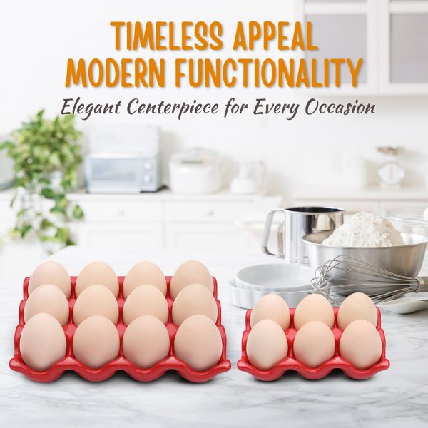 Flexzion 12 + 6 Cups Ceramic Egg Holder for Fridge - 18 Porcelain Egg Tray Container Keeper Storage Organizer Decorative Serving Stand Serveware for Refrigerator Countertop Display Kitchen (Red) - Image 5