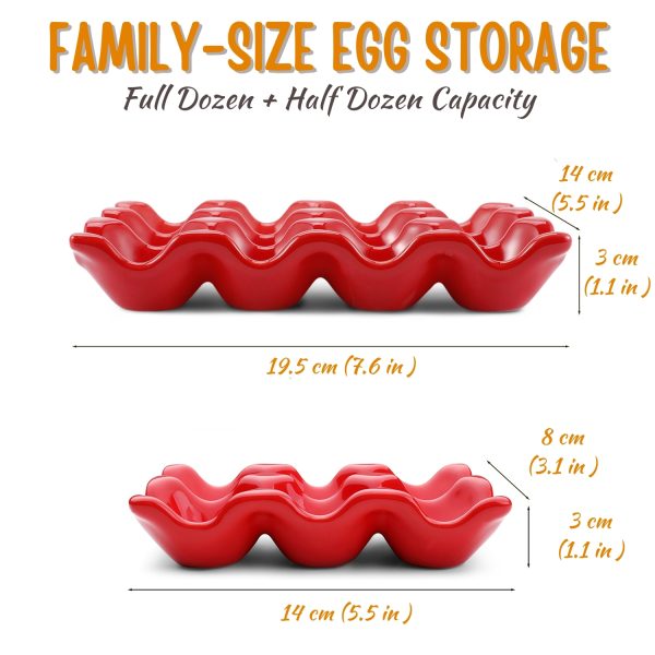 Flexzion 12 + 6 Cups Ceramic Egg Holder for Fridge - 18 Porcelain Egg Tray Container Keeper Storage Organizer Decorative Serving Stand Serveware for Refrigerator Countertop Display Kitchen (Red) - Image 7