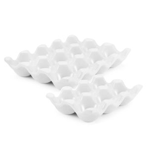 Flexzion 12 + 6 Cups Ceramic Egg Holder for Fridge - 18 Porcelain Egg Tray Container Keeper Storage Organizer Decorative Serving Stand Serveware for Refrigerator Countertop Display Kitchen (White)