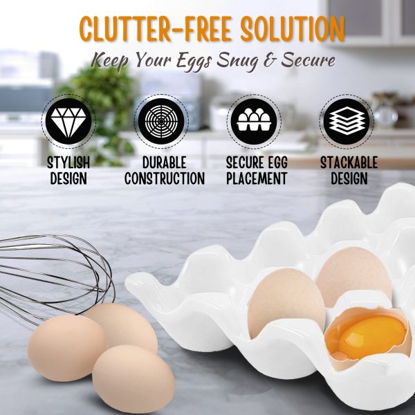 Flexzion 12 + 6 Cups Ceramic Egg Holder for Fridge - 18 Porcelain Egg Tray Container Keeper Storage Organizer Decorative Serving Stand Serveware for Refrigerator Countertop Display Kitchen (White) - Image 4
