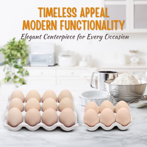 Flexzion 12 + 6 Cups Ceramic Egg Holder for Fridge - 18 Porcelain Egg Tray Container Keeper Storage Organizer Decorative Serving Stand Serveware for Refrigerator Countertop Display Kitchen (White) - Image 5