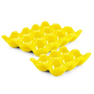 Flexzion 12 + 6 Cups Ceramic Egg Holder for Fridge - 18 Porcelain Egg Tray Container Keeper Storage Organizer Decorative Serving Stand Serveware for Refrigerator Countertop Display Kitchen (Yellow)