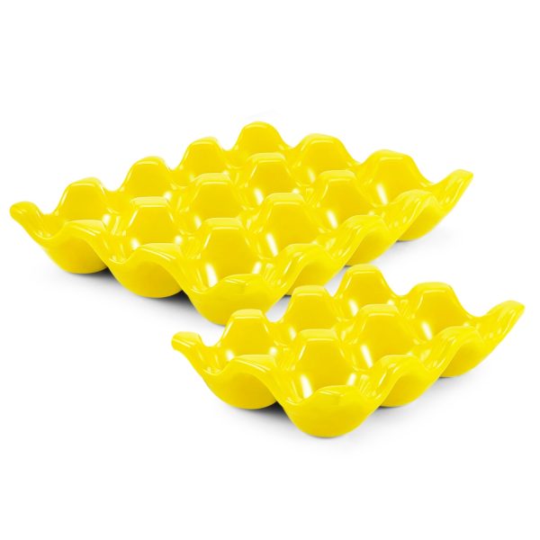 Flexzion 12 + 6 Cups Ceramic Egg Holder for Fridge - 18 Porcelain Egg Tray Container Keeper Storage Organizer Decorative Serving Stand Serveware for Refrigerator Countertop Display Kitchen (Yellow)