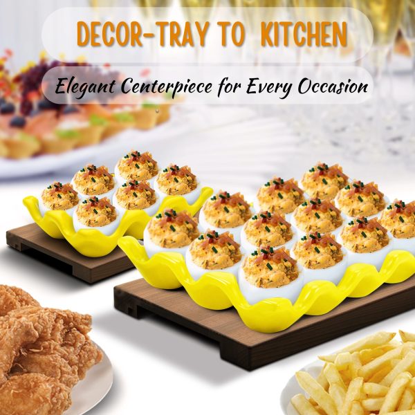 Flexzion 12 + 6 Cups Ceramic Egg Holder for Fridge - 18 Porcelain Egg Tray Container Keeper Storage Organizer Decorative Serving Stand Serveware for Refrigerator Countertop Display Kitchen (Yellow) - Image 2