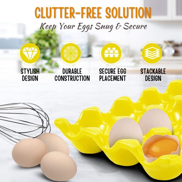 Flexzion 12 + 6 Cups Ceramic Egg Holder for Fridge - 18 Porcelain Egg Tray Container Keeper Storage Organizer Decorative Serving Stand Serveware for Refrigerator Countertop Display Kitchen (Yellow) - Image 4