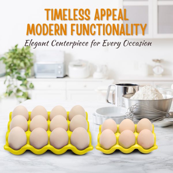 Flexzion 12 + 6 Cups Ceramic Egg Holder for Fridge - 18 Porcelain Egg Tray Container Keeper Storage Organizer Decorative Serving Stand Serveware for Refrigerator Countertop Display Kitchen (Yellow) - Image 5