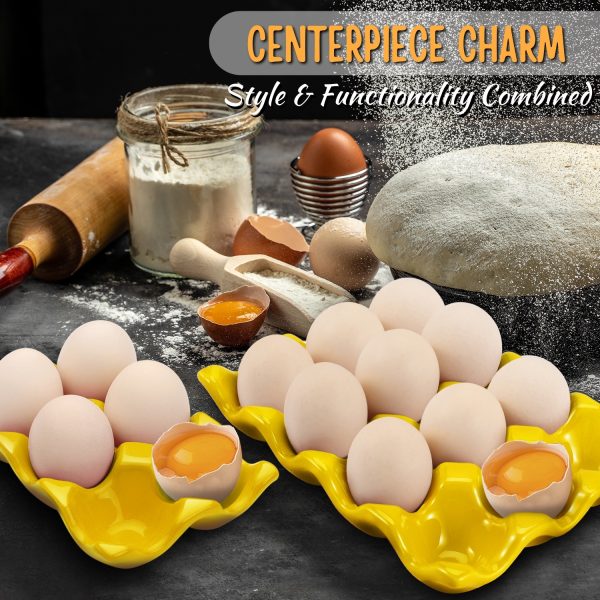 Flexzion 12 + 6 Cups Ceramic Egg Holder for Fridge - 18 Porcelain Egg Tray Container Keeper Storage Organizer Decorative Serving Stand Serveware for Refrigerator Countertop Display Kitchen (Yellow) - Image 6