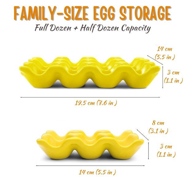 Flexzion 12 + 6 Cups Ceramic Egg Holder for Fridge - 18 Porcelain Egg Tray Container Keeper Storage Organizer Decorative Serving Stand Serveware for Refrigerator Countertop Display Kitchen (Yellow) - Image 7