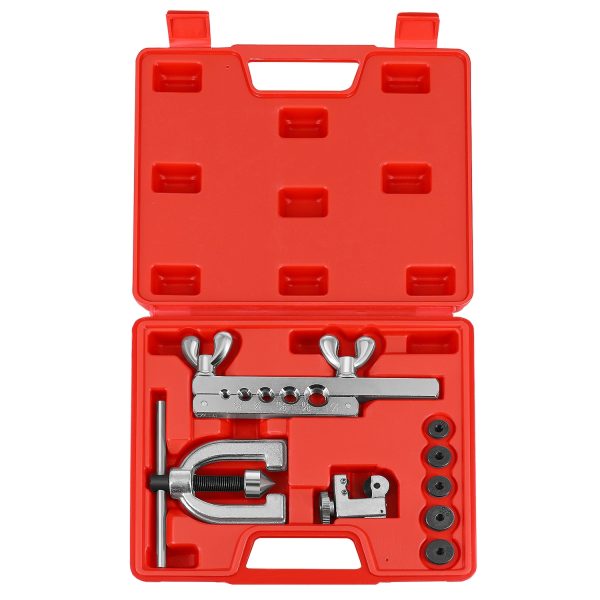Flexzion Brake Line Flaring Tool Kit with Tubing Cutter - Single and Double Flare Tool Kit with 5 Adapters - 45 Degrees Brake Line Repair Kit for Copper, Aluminum, Brass, Magnesium, and Soft Steel