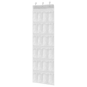 Flexzion Hanging Shoe Organizer, Over the Door Closet Shoes Storage Hanger, Footwear Holder, 24 Clear Plastic Pockets w/ 3 Steel Hooks for Cloth Cleaning Supplies House Stationery Accessories, White